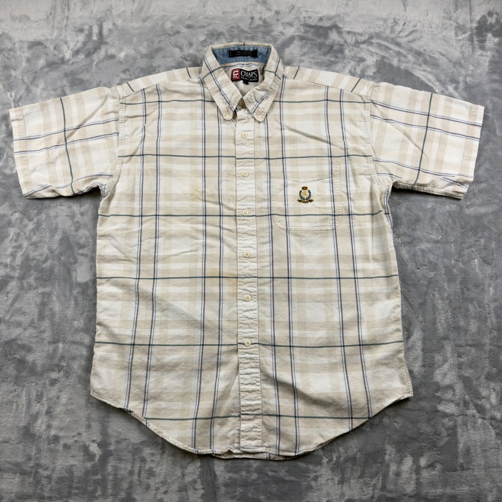 Chaps Ralph Lauren Mens Large Cream Blue Plaid Short Sleeve Button Down Shirt